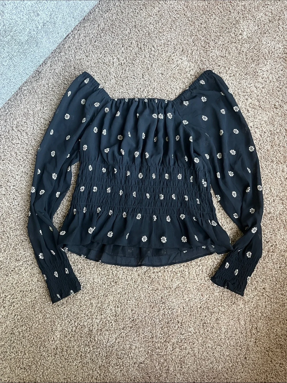 Madewell Black Floral Smocked Peplum Long-Sleeve Top